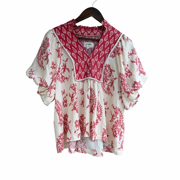 Umgee Red and Cream Paisley Mixed Print Top - Picture 2 of 6